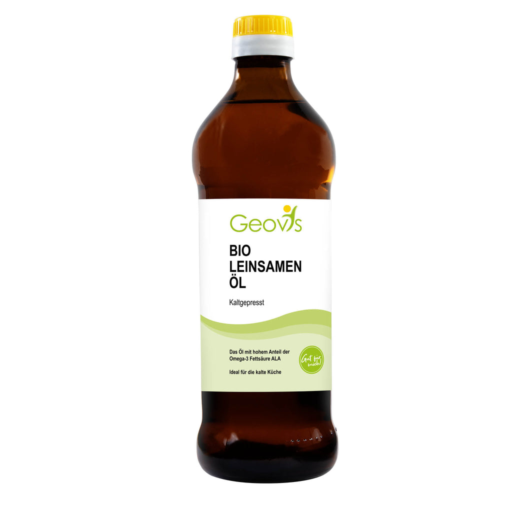 Produktbild: Geovis Bio Leinsamen Öl mit einem hohen Anteil an der Omega 3 Fettsäure Linolensäure, ideal für die gesunde Küche