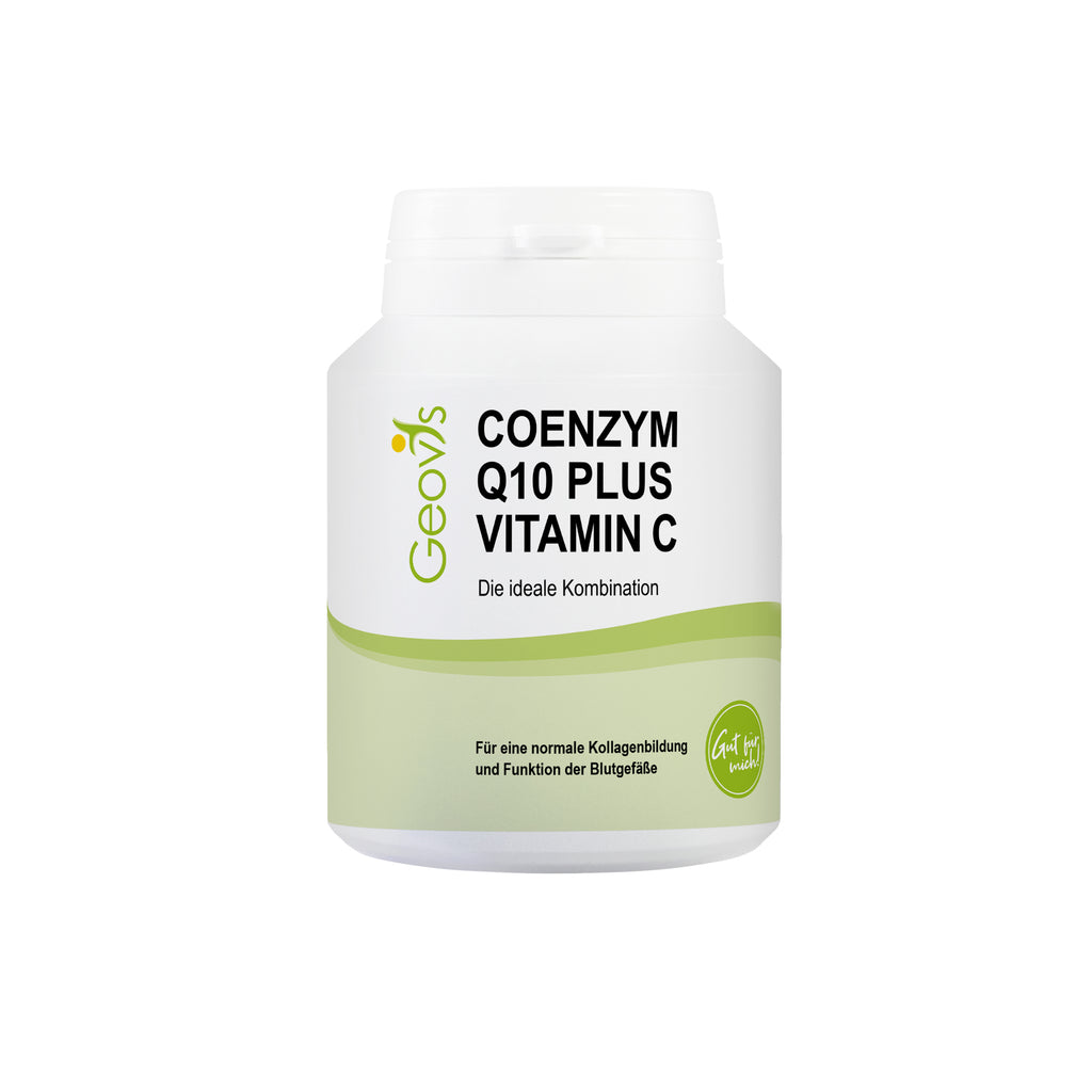 Produktbild: Coenzym Q10 Kapseln von Geovis mit Vitamin C aus der Hagebutte und dem Ballaststoff Inulin 