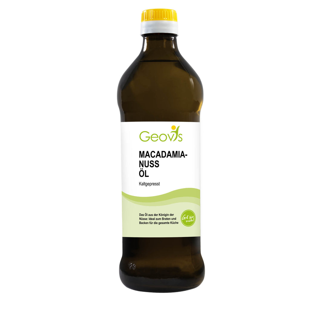 Produktbild: Geovis Macadamianuss Öl, das Öl aus der Königin der Nüsse, ideal zum Braten und Backen für die gesunde Küche